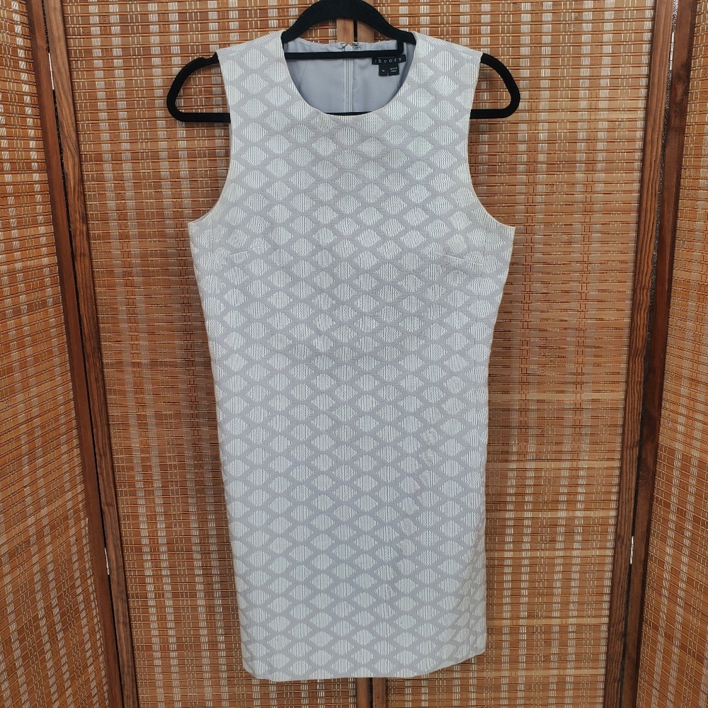 ♡ Theory Mayberry Haze Jacquard Sleeveless Shift Dress Gray and White Size 10